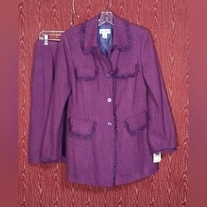FLC 2 Piece Sz 12 Purple Collared Button Long Sleeve Skirt Suit Womens